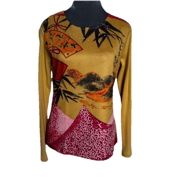 Vintage Y2K 90s Pierre Cardin Top S Artsy Crystal Embellished Asian Grunge - Picture 1 of 16